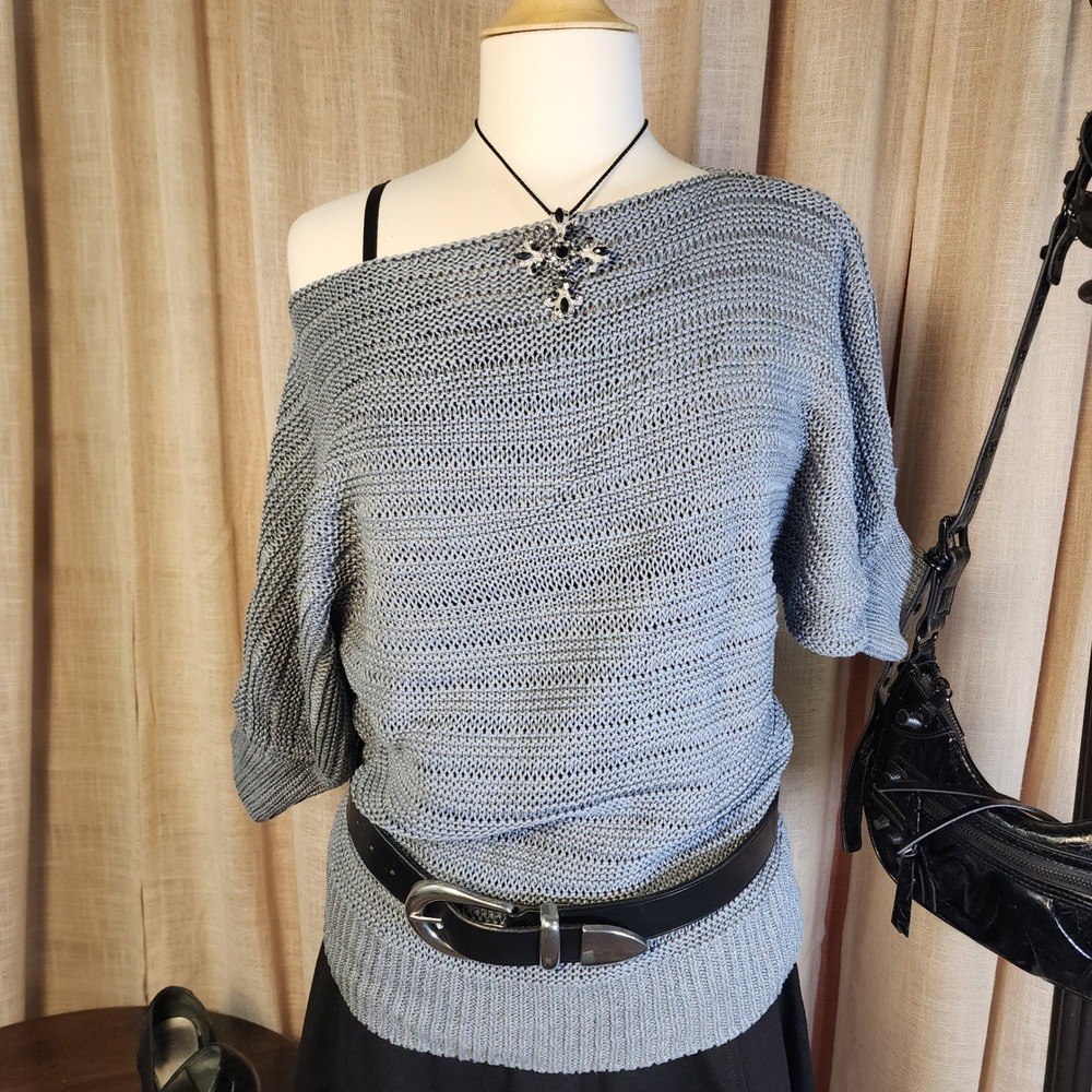The Limited 100% Linen Open Knit Dolman Sweater L Gray/Green Slouchy Boatneck